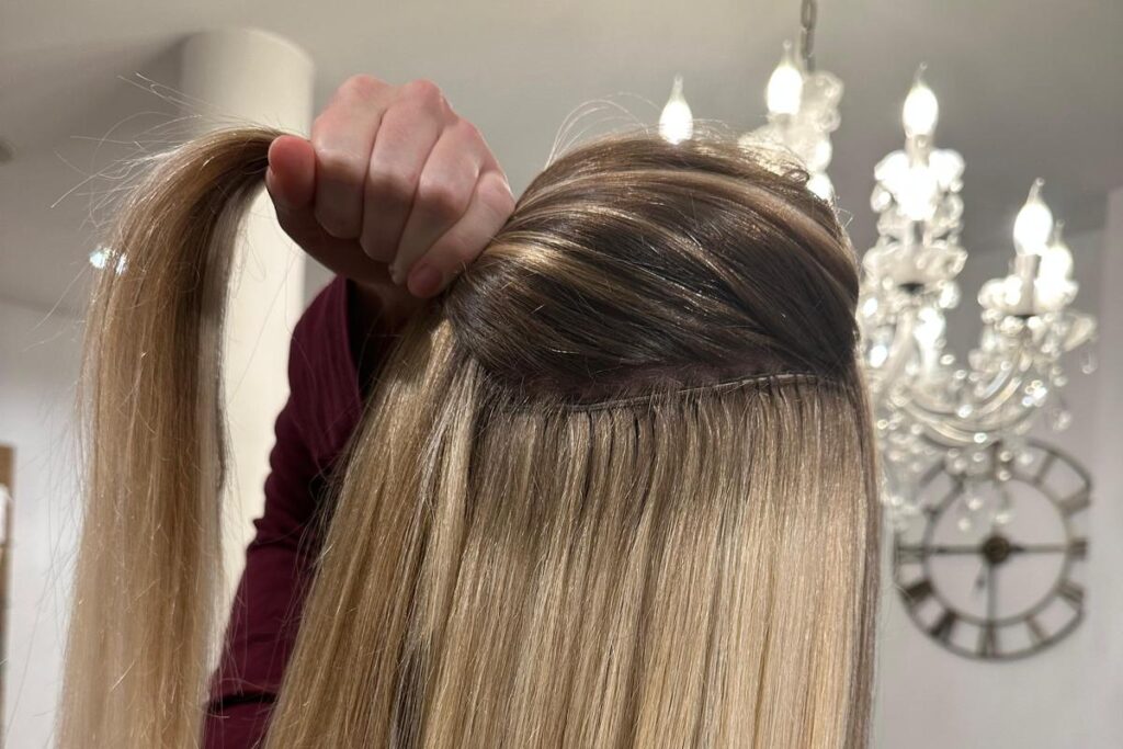 Firseur HaarScharf - Rückensicht einer blonden Frau, die ihre Haare anhebt, um die Borte (Tressennaht) von ihren Tressen zu zeigen - So sieht die Borte nach dem Tressen einnähen aus